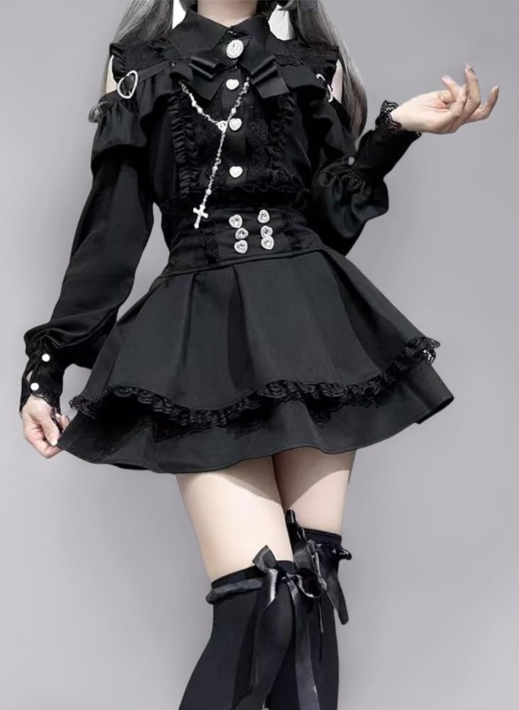 地雷系フリルブラウス❤️肩レースデザイン地雷可愛いトップス Amazon.co.jp: [KEWJYUE] 地雷系 服 セットアップ 2点セット